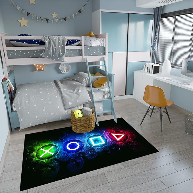 Video Game Controller Gamepad Home Decor Printed Large Area Rugs for Teen Boys Kids Play Bedroom, Black Polyester Fiber Floor Carpet Yoga Mat for Living Room