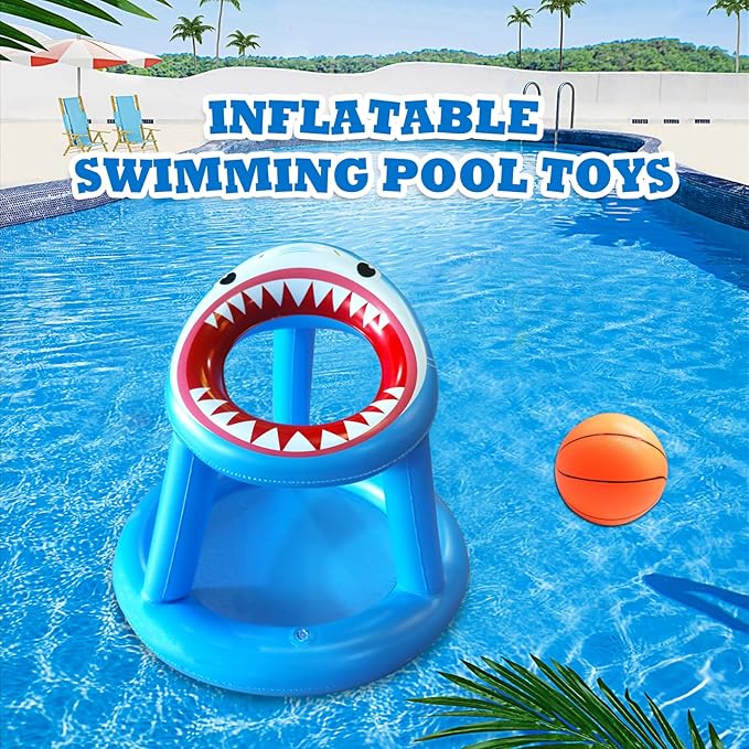 Pool Basketball Hoop Games Toys, Floating Inflatable Pool Shark Games Indoor/Outdoor for Kids Adults with 1 Basketball