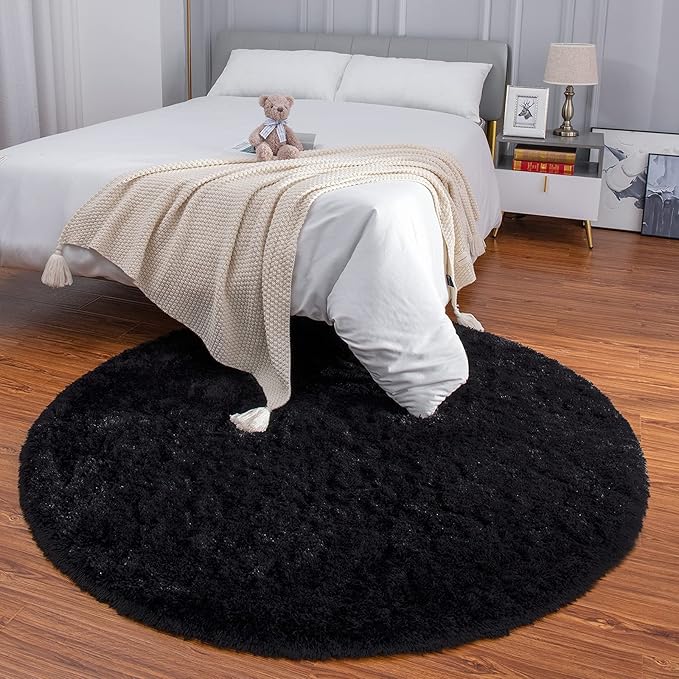 LOCHAS Luxury Round Fluffy Area Rugs for Bedroom Kids Girls Room Nursery, Super Soft Circle Rug, Cute Shaggy Carpet for Children Living Room, 4x4 Feet Black