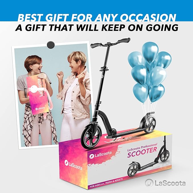 LaScoota Kick Scooter for Kids Ages 6+, Teens & Adults, Large 8" Sturdy Urethane Wheels. Adjustable Handlebar, Lightweight, Foldable, 220lbs Max Load