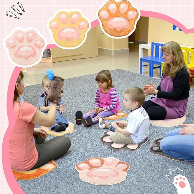 8 Pcs Classroom Carpet Kids Rug 15 x 15 Inch Back to School Supplies Round Non Slip Mat for Nursery Kindergarten Playroom Bedroom(Paw)