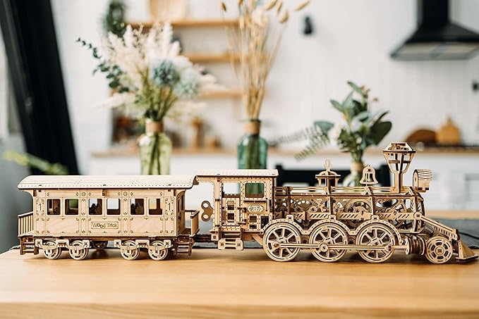Wood Trick Wooden Train Toy Set with Railway - Mechanical Locomotive Train Model Kit - 3D Wooden Puzzle Puzzle for Adults and Kids, Best DIY Toy