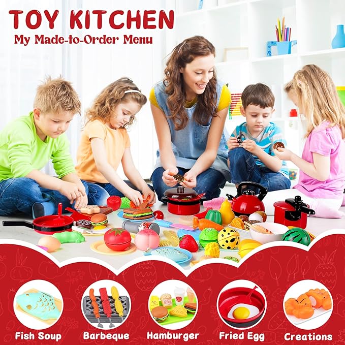 134 Pcs Toy Kitchen Accessories, Pretend Cooking Toys with BBQ Grill, Pressure Cooker, Kettle, Pots, Pans, Kitchen Playset for Cutting Play Food, Christmas Birthday Present for Boys Girls