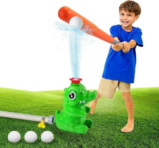 MoKo Water Sprinkler Baseball Toy for Kids Outdoor Play, 2 in 1 Baseball Water Games, 360° Rotatable Yard Sprayer Sprinkler, Toddler Outdoor Toys for Backyard Garden Lawn Pool, Green Crocodile