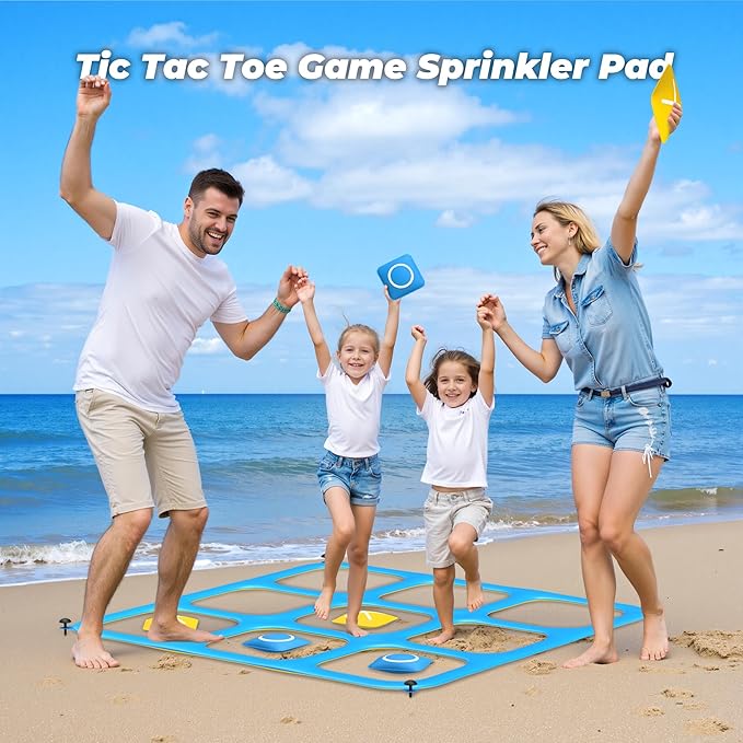 JOSEN Sprinkler for Kids, 60" x 60" Outdoor Water Play Splash Pad with Tic Tac Toe Game for Kids & Adults - Summer Backyard Fun, Giant Sprinkler Water Toy for Family Parties - Yellow