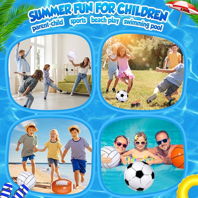 16 Inch Inflatable Sport Balls 5 Styles Sport Beach Balls Swimming Pool PVC Balls Bulk Blow up Sports Party Decorations for Family Outdoor Beach Pool Water Sports(15 Pieces)