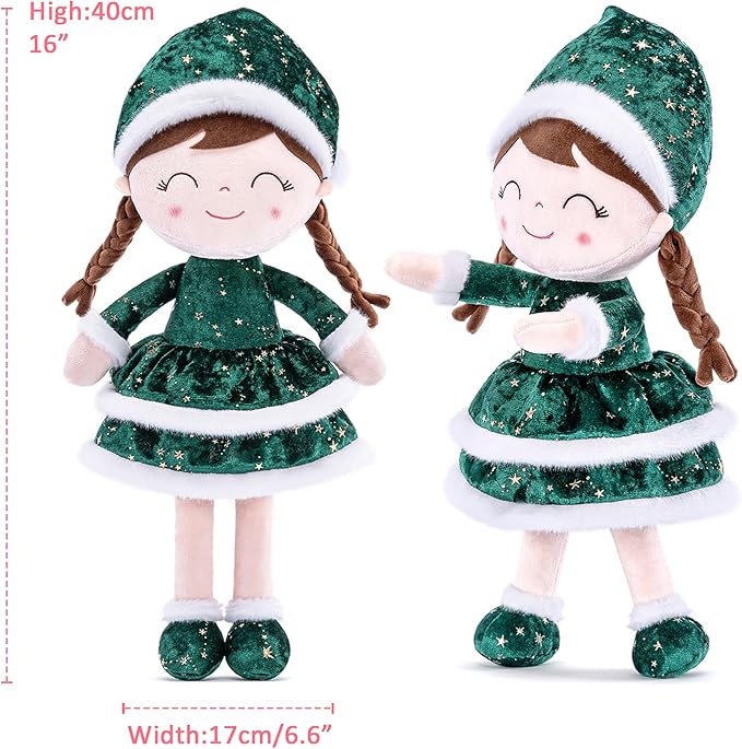 Gloveleya Soft Plush Doll Christmas Girl Dolls with Green Dress, Gift Box & Free Card - Perfect Holiday or Birthday Gift for Toddlers 2-8 Ages, 16"