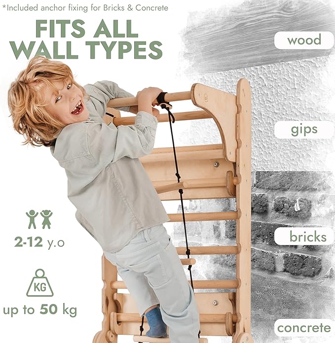 6-in-1 Indoor Playground for Kids – Wooden Swedish Wall, Climbing Ladder, Slide, Swing, Gymnastics Rings, Rock Climbing Wall – Jungle Gym Play Set for Ages 2-12