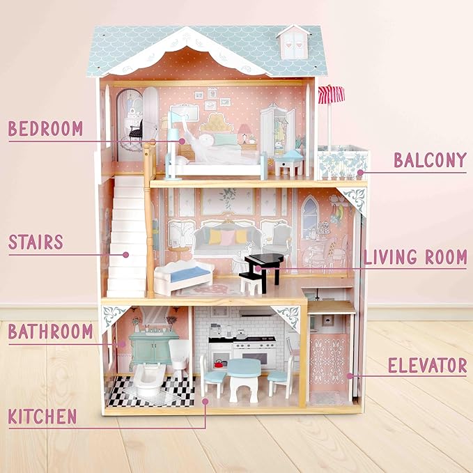 Lil' Jumbl Kids Wooden Dollhouse with Elevator, Balcony & Stairs, Accessories & Furniture Included, 3 Story Easy to Assemble Blue Dollhouse Toy - X-Large