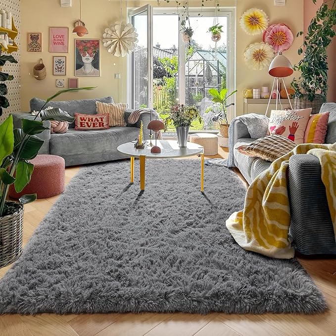 Amdrebio Grey Area Rugs for Bedroom Living Room, Fluffy Fuzzy Modern Rugs for Kids Room, Furry Floor Shaggy Throw Gray Carpet for Baby Nursery Preppy Dorm Office, Home Decor, Farmhouse Thick Rug 4x6