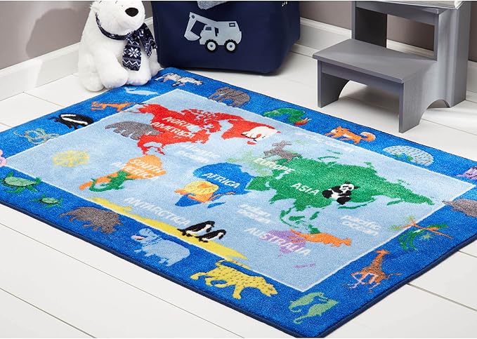 Eric Carle Elementary World Map Kids Machine Washable Area Rug Blue/Red, 35"x51"