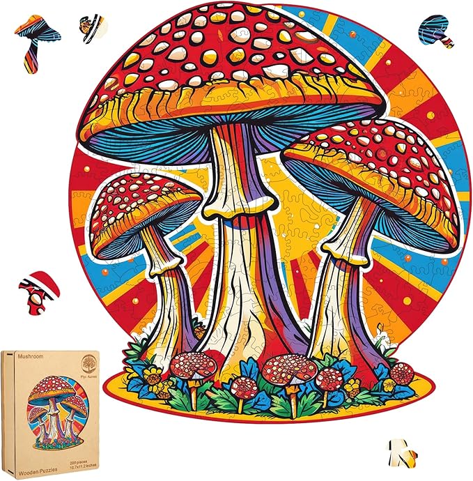 Mushroom Wooden Puzzles for Adults, 200 Piece Unique Shaped Wood Jigsaw Puzzles for Adults and Kids, Fun Challenging Puzzles Family Game Gift, Medium 11.2'' x 10.7'