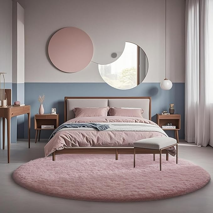 Ophanie Round Rugs 6Ft Pink Circle Area Rug, Fluffy Fuzzy Bedroom Carpet, Plush Soft Shaggy Indoor Floor Kawaii Living Room Rugs for Kids, Cute Room Decor for Teen Girls Home Decor Aesthetic, Nursery