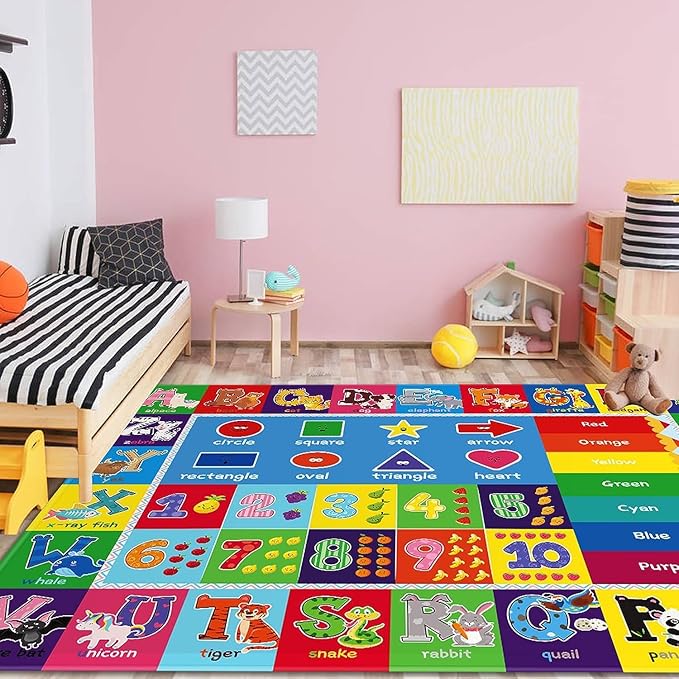 Kids Play Rug for Playroom, ABC Educational Area Rug, Toddler Baby Play Mat, Alphabet Animal Soft Non-Slip Kids Rug Carpet for Boy Girl Bedroom (47.2X31.5 INCH Blue)