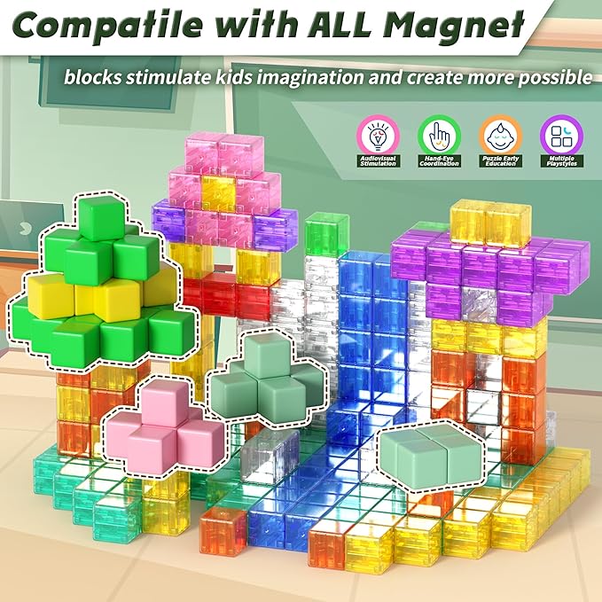 Magnetic Blocks Building Toys - Transparent Rainbow Magnetic Cubes Set, Outdoor Sensory Autism STEM Toys Gifts for Kids Aged 3+ Year Old Boys & Girls