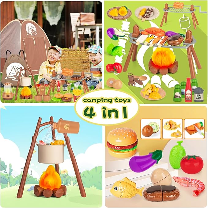 80PCS Kids Camping Toys Set with Play Tent Campfire Toys,Toy BBQ Grill Set,Pretend Cutting Play Food Set for Kid Kitchen, Indoor Outdoor Toys Pretend Playset for Toddler,Gifts for Boys Girls