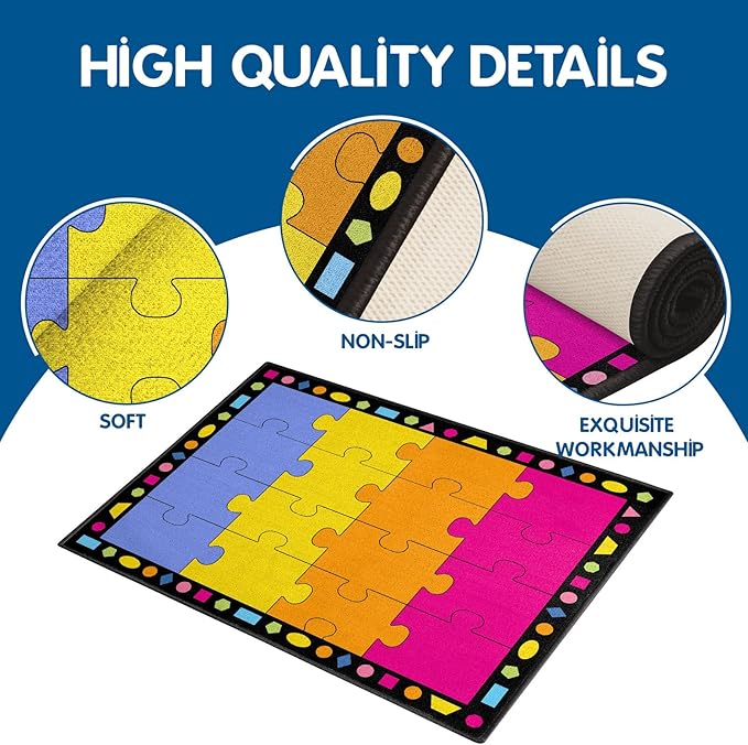 Booooom Jackson Classroom Rug Boom Puzzle Colorful Classroom Carpet 6'5"x8'5" 16 Seats for Playroom Homeschool Special Class Preschool Playroom Game Room Library Reading Circle Time Rubber