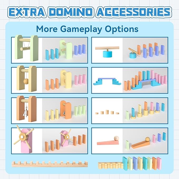 VigorFun 1000+ PCS Dominoes Set for Kids - Wooden Dominos with Extra Blocks and Storage Bag, Building Stacking Game Toys for 3+ Year Old Boys Birthday Gifts