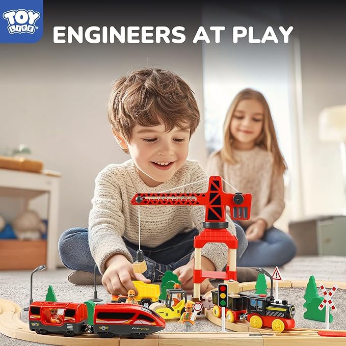 TOY Life 80pcs Wooden Train Set for Kids 3-8, Compatible with Thomas, Brio, Fits HO Scale, Modern Style, Unisex, Ages 3+