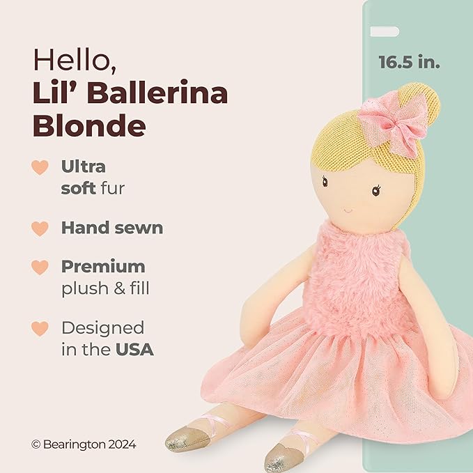 Bearington Collection Lil' Ballerina Blonde Ballerina 16.5 in Doll - Plush Dolls for Girls - Toys