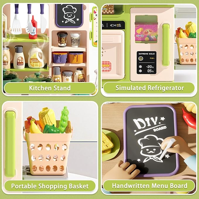 Kids Kitchen Playset Set, 63PCS Pretend Play Kitchen Toys for Toddlers, Cooking Stove with Steam Sound Light, Play Sink with Manual Faucet, Play Food Accessories Gift for Boys, 33’’H Green