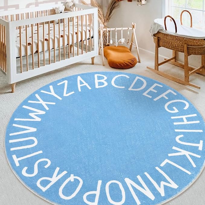Topotdor Round Kids Play Rug Alphabet Nursery Area Rug Extra Large Soft Crawling Play Mat for Children Toddlers Bedroom (63 inch, Sky Blue)
