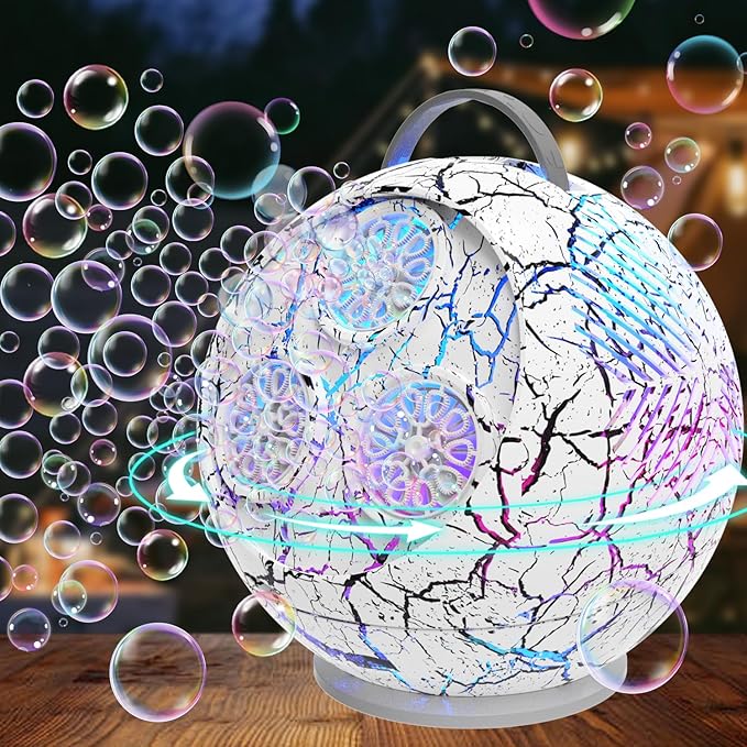 Bubble Machine for Kids Toddlers,45°/360° Automatic Rotation Spherical Bubble Maker Toy with RGB Light,Rechargeable Type-C Charge Bubble Blower,Outdoor Wedding Party Birthday Gifts (White Crack)