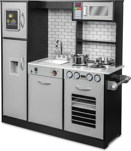 Lil' Jumbl Kids Kitchen Set, Pretend Wooden Play Kitchen, Battery Operated Icemaker & Microwave with Realistic Sound, Pots & Pan Included - Charcoal