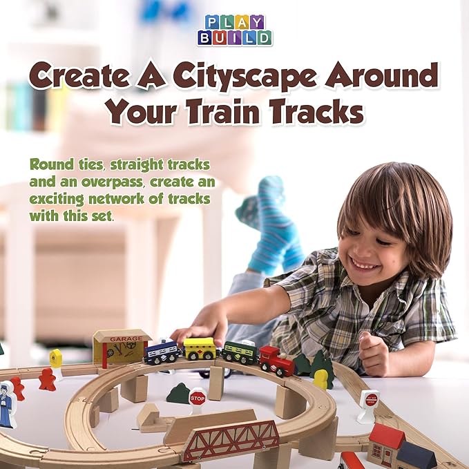 Wooden Train Set, Complete Toddler Train Set, Interactive Play & Learn Set, Creative Wooden Train Track Design, Premium Quality, Ages 3+ (80 Piece Set)