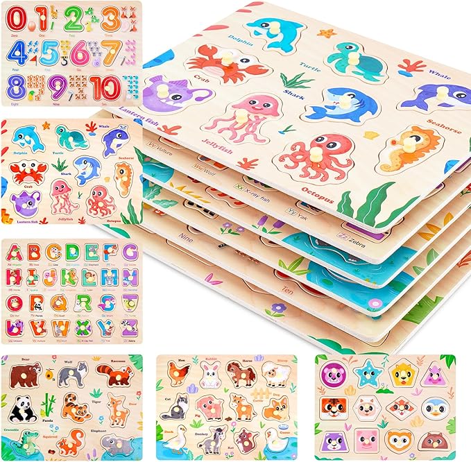 Toddler Puzzles Montessori Toys for 3 4 5 Years Old, 6 PCS Wooden Puzzles for Kids Ages 4-6 - Learning Alphabet, Numbers, Shapes and Animals, Educational Toys Puzzle Gifts for Girls Boys