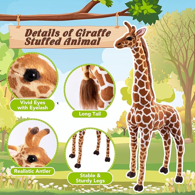 Giant Stuffed Giraffe Animal Set, 47 Inch Large Giraffe Plush Toy for Kids with Bird & Basket & Leaves & Card, Toddler Lifelike Standing Toys Stuffed Animal Gift for Girls Boys