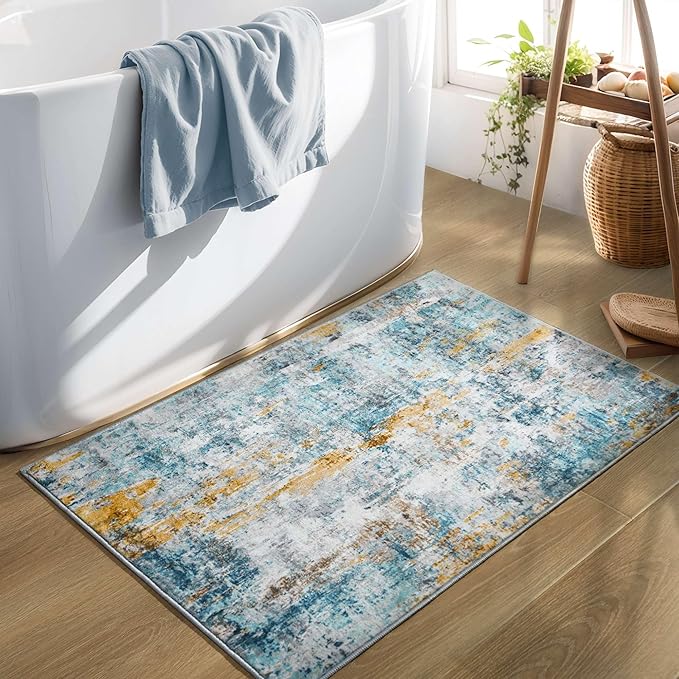 Entryway Rug 3x5 Blue Bedroom Area Rug Washable Non Slip Abstract Boho Rugs for Indoor Entry, Kitchen, Classroom, Bathroom, Kids Girls Room, Office, College Dorm Small Carpet