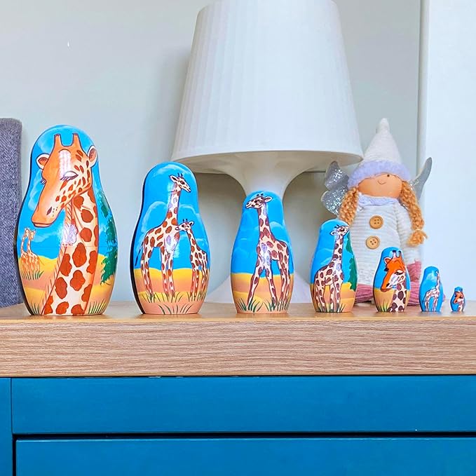 Giraffe Nesting Dolls Set of 7 pcs - Matryoshka Doll with Decorative Giraffe Figurines - Giraffe Stuff - Giraffe Gifts - Wood Giraffe Decor - Giraffe Wood Craft