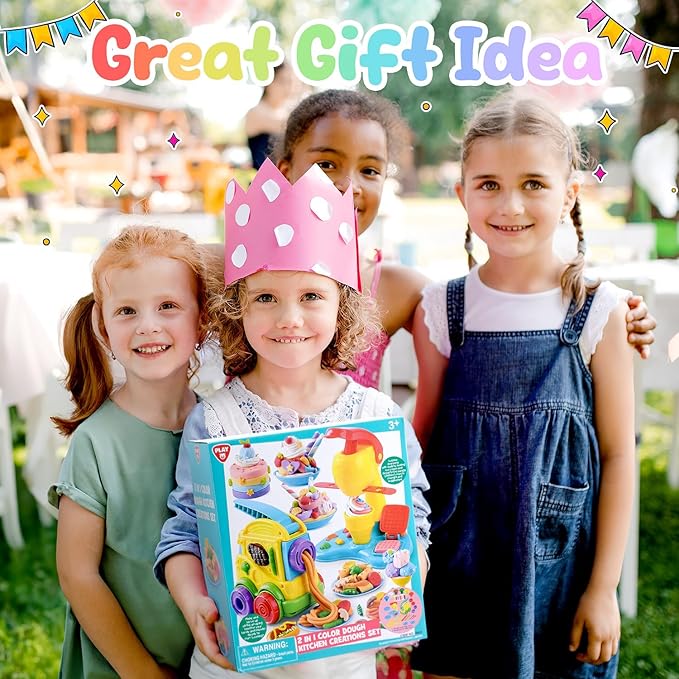 PLAY 2 in 1 Color Dough Kitchen Creations Set, Ice Cream Noodle Maker Color Dough Sets for Kids Ages 4-8, Play Kitchen Food Toys for Boys Girls Kids Toddlers Ages 3+, with 18 oz Multicolor Clay