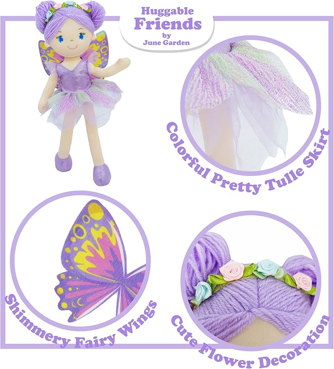 June Garden 16" Enchanted Garden Fairy Doll Yaritza - Plush Stuffed Soft Doll Girl Gift - Purple Outfit and Wings