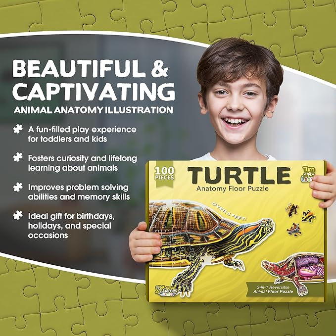 Turtle Animal Anatomy Floor Puzzle | 100-Piece Double Sided Jigsaw Puzzle | Large-Sized, Over 4 Feet Scientifically Accurate Illustration - Fun and Educational Toy for Kids, Toddlers and Families