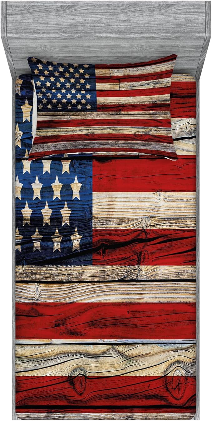 Ambesonne 4th of July Fitted Sheet & Pillow Sham Set, Wooden Planks Painted as United States Flag Patriotic Country Style, Decorative Printed 2 Piece Bedding Decor Set, Twinxl, Red Beige Navy Blue