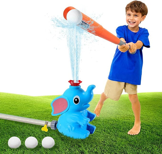 MoKo Water Sprinkler Baseball Toy for Kids Outdoor Play, 2 in 1 Baseball Water Games, 360° Rotatable Yard Sprayer Sprinkler, Toddler Outdoor Toys for Backyard Garden Lawn Pool, Blue Elephant