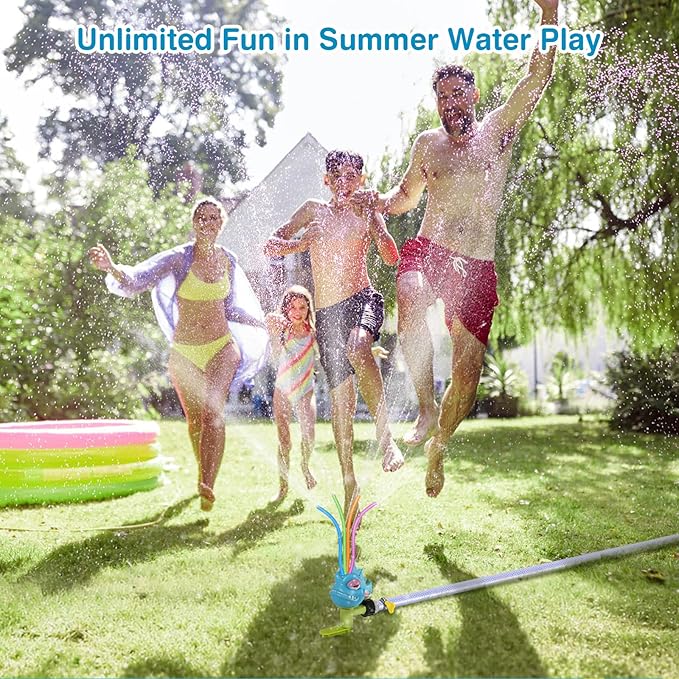 MoKo Water Sprinkler for Kids, Piranha Toddler Outdoor Toys with 4 Wiggle Tubes and Hose Clamp, Outdoor Play Toys Spray Up to 8ft, Summer Water Toys Sprinklers for Yard Lawn Garden Pool, Blue