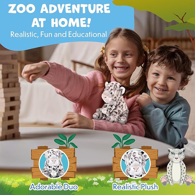 Mom and Baby Stuffed Animals for Boys & Girls, Safari Baby Shower Decorations, Nursery Decor, Zoo Animals for Toddlers, Quality Realistic Toys for Kids, Cute, Soft, Huggable (9.5" Snow Leopard)