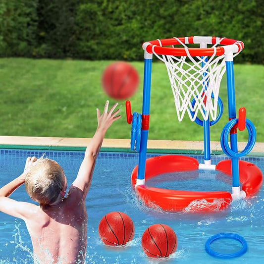 GMAOPHY Pool Basketball Hoop, 2-in-1 Poolside Floating Pool Basketball Game, Swimming Pool Games for Kids Adults Indoor Outdoor Play, Water Play Toy Family Party, Includes Hoop, Balls, Pump