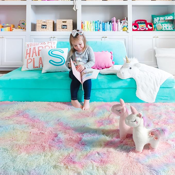 PAGISOFE 4x6 Rainbow Fluffy Soft Plush Area Rugs for Girls Bedroom, Shaggy Rugs for Kids Playroom,Kawaii Princess Fuzzy Rugs for Nursery Baby Toddler,Cute Colorful Room Decor for Teenage