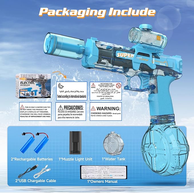 2 Pack Electric Water Guns,Auto Squirt Gun Blaster with Muzzle Light,Water Gun Long Range 23-32 FT,Outdoor Party Shooting Game Toy with 4 Batteries,Ideal Summer Soaker Gun Gift for Kids & Adults.