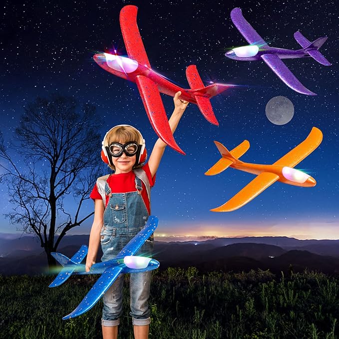 4 Pack LED Light Airplane Toys,17.5" Large Throwing Foam Plane,2 Flight Mode Glider Plane,Foam Airplane Flying Toys for Kids,Outdoor Sport Game Toys,Foam Glider Airplane,Gift Toys for Boys Girls