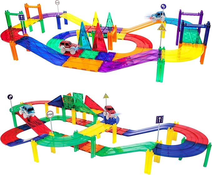 PicassoTiles 50PC Magnetic Race Car Track + Carry Case Bundle: STEAM Educational Playset for Kids Includes Travel Storage Organizer - Learning Construction Toy, Creative Design, Sensory Development