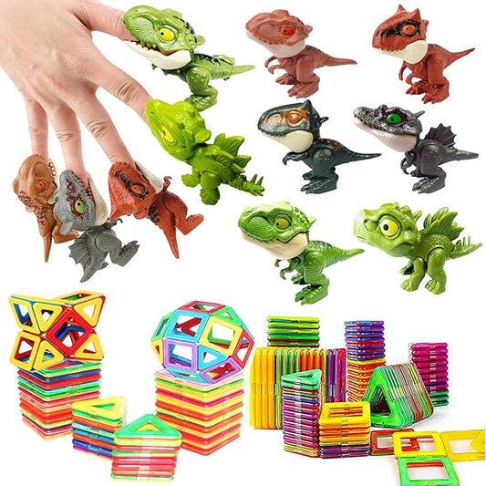 Biting Finger Dinosaur Toys Magnetic Tiles - Magnet Building Blocks Toddler Dinosaur World Creative Games Kids Magnetic Set Castle Tiles Educational STEM Toys(2)