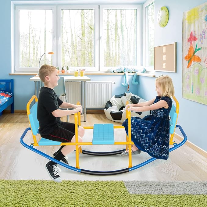 Costzon Teeter Totter Seesaw for Kids Outdoor, 2 in 1 Metal Rocking Seesaw for Toddlers with Easy-Grip Handles, Indoor Outdoor Rocker Toy Gifts for Ages 3-8, 1-3 Person Home Preschool Backyard See Saw