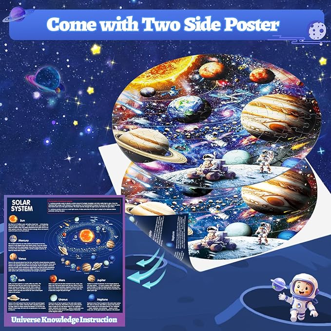Glow in The Dark Solar System Jigsaw Puzzles for Kids Ages 4-8, 70 Pieces Kids Space Planet Floor Puzzle Toys Ages 8-10, Large Round Educational Puzzle Toys Gifts for Boys Girls Children