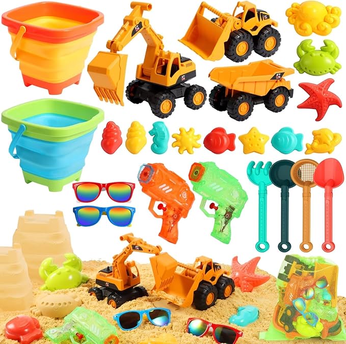 Beach Toys for Kids, Sand Toys with 2 Collapsible Beach Bucket,3 Dump Truck,2 Sunglasses,Ocean Molds,Sandbox Shovel,2 Mesh Bag Sand Castle Building Kit Travel Beach Essentials for Toddler 3-10