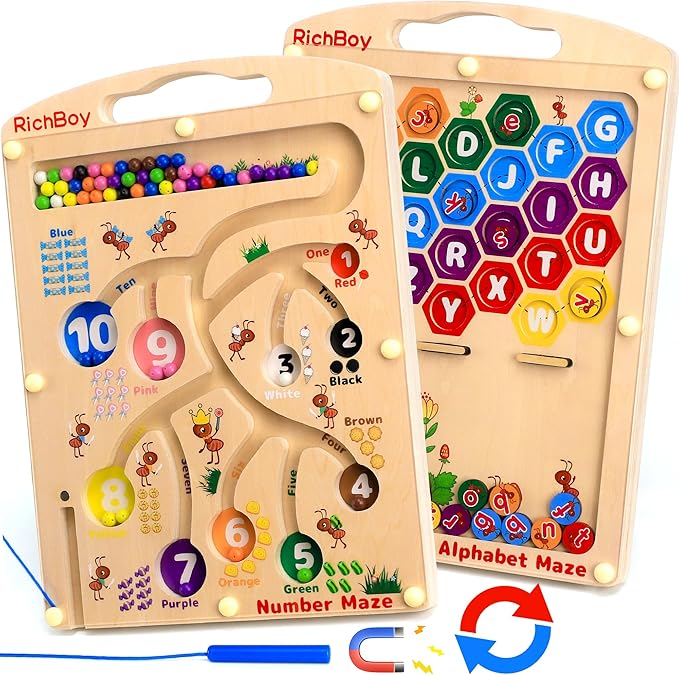 RichBoy Magnetic Maze for 3-5 Year Old, 2-in-1 Magnetic Color and Number Maze, Double-Sided Wooden Busy Board Fine Motor Skills Montessori Toys, Portable Travel Puzzle Game Toddlers Toys